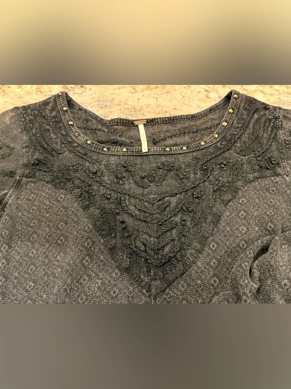 Free People Size Small Black Embellished Top Studded  Boho Lace Long Sleeve